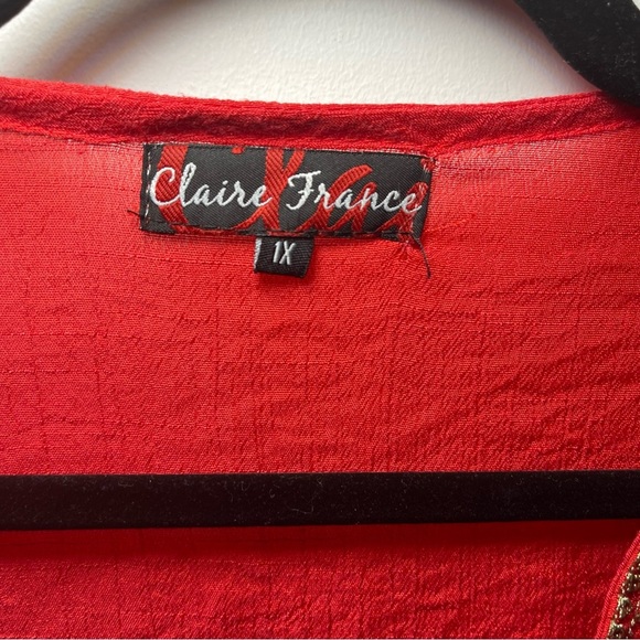 Claire France Women's Red boho peasant embroidered short sleeve gauzy top in 1X - Picture 5 of 8